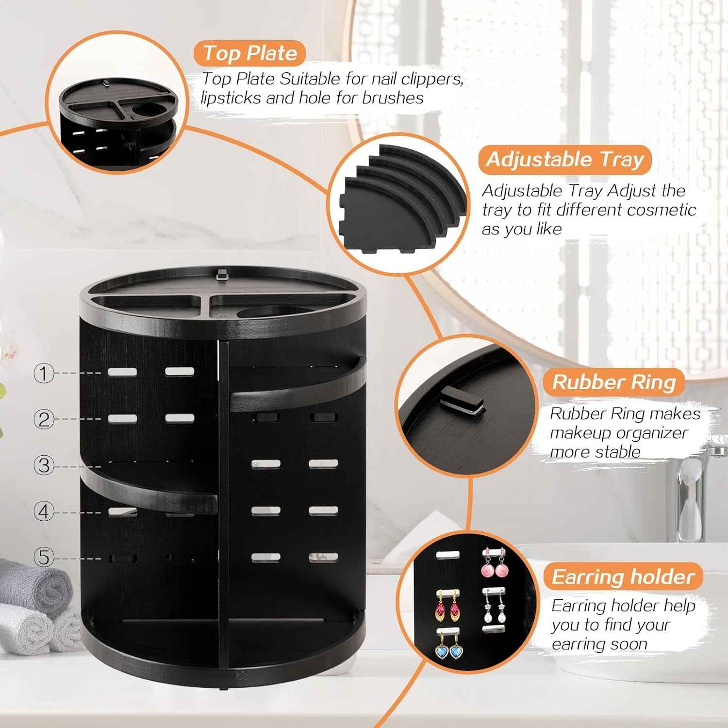 Rotating Bamboo Makeup Organizer,360 Degree Spinning Adjustable Bamboo Vanity Makeup Holder Rack,Large Capacity Cosmetics Storage Display Box,Fits Makeup,Skincare,Cologne(Black)