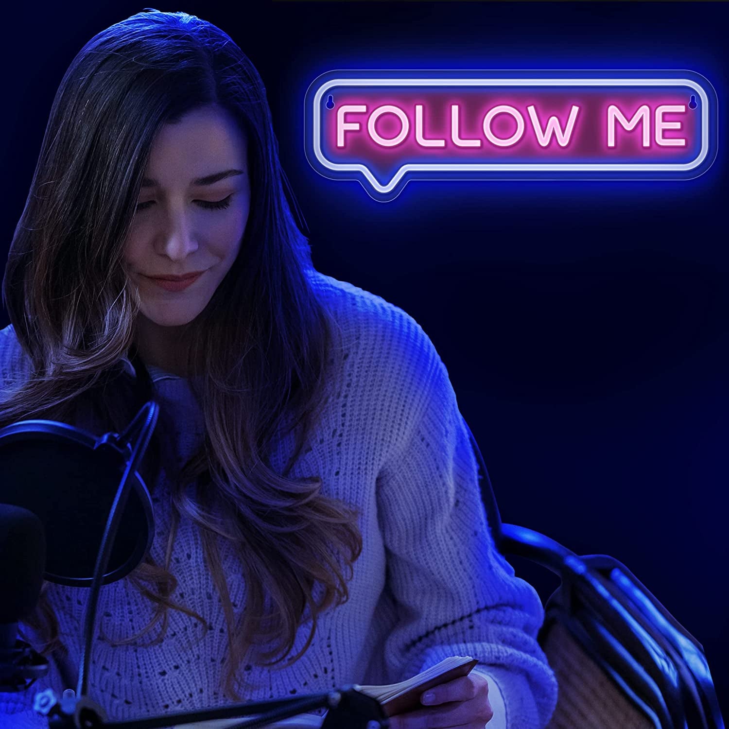 Follow Me Neon Sign - USB Powered Follow Me Neon Lights for Streamers/Influencers/Gamers – Blue&Pink Led Signs for Wall, Bedroom, Game Room Decor – Live Streaming Neon Signs - 16.5 * 4.7-Inch