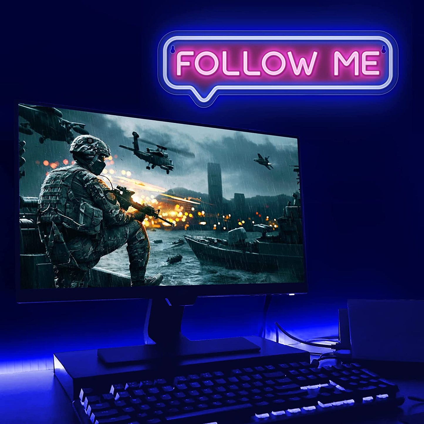 Follow Me Neon Sign - USB Powered Follow Me Neon Lights for Streamers/Influencers/Gamers – Blue&Pink Led Signs for Wall, Bedroom, Game Room Decor – Live Streaming Neon Signs - 16.5 * 4.7-Inch