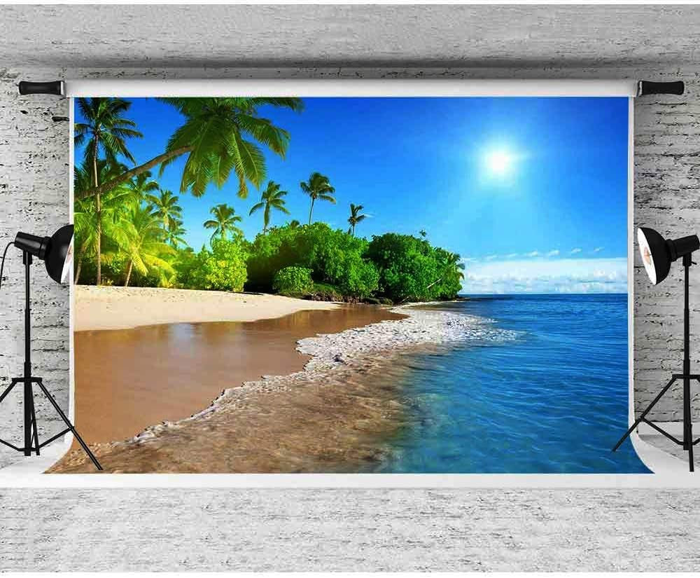 10X7Ft Tropical Beach Summer Sunshine Backdrop Beach Coast Tropical Paradise Blue Sea Sky Coconut Tree Photography Background Themed Party Backdrop Photo Booth Studio Props FH1200