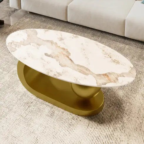 Modern Oval Coffee Table – Marble Pattern Sintered Stone Top with Gold Stainless Steel Base (47.2”) - Luxe Haus Studio