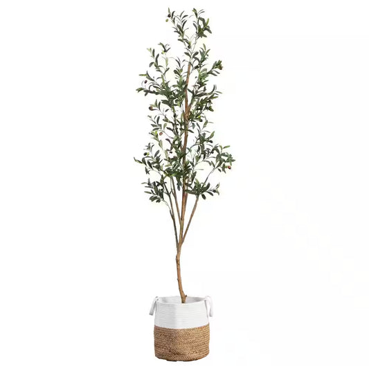 7 Ft. Artificial Olive Tree with Natural Trunk and Handmade Jute Basket