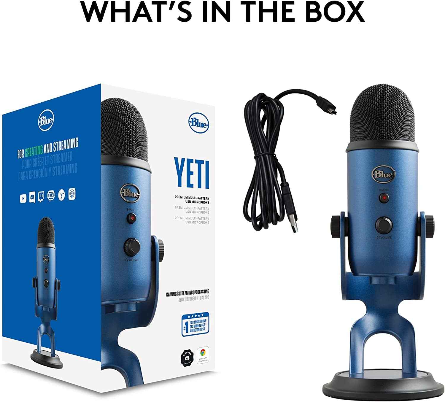 Yeti USB Microphone for PC, Mac, Gaming, Recording, Streaming, Podcasting, Studio and Condenser Mic with VO!CE Effects, 4 Pickup Patterns, Plug and Play - Midnight