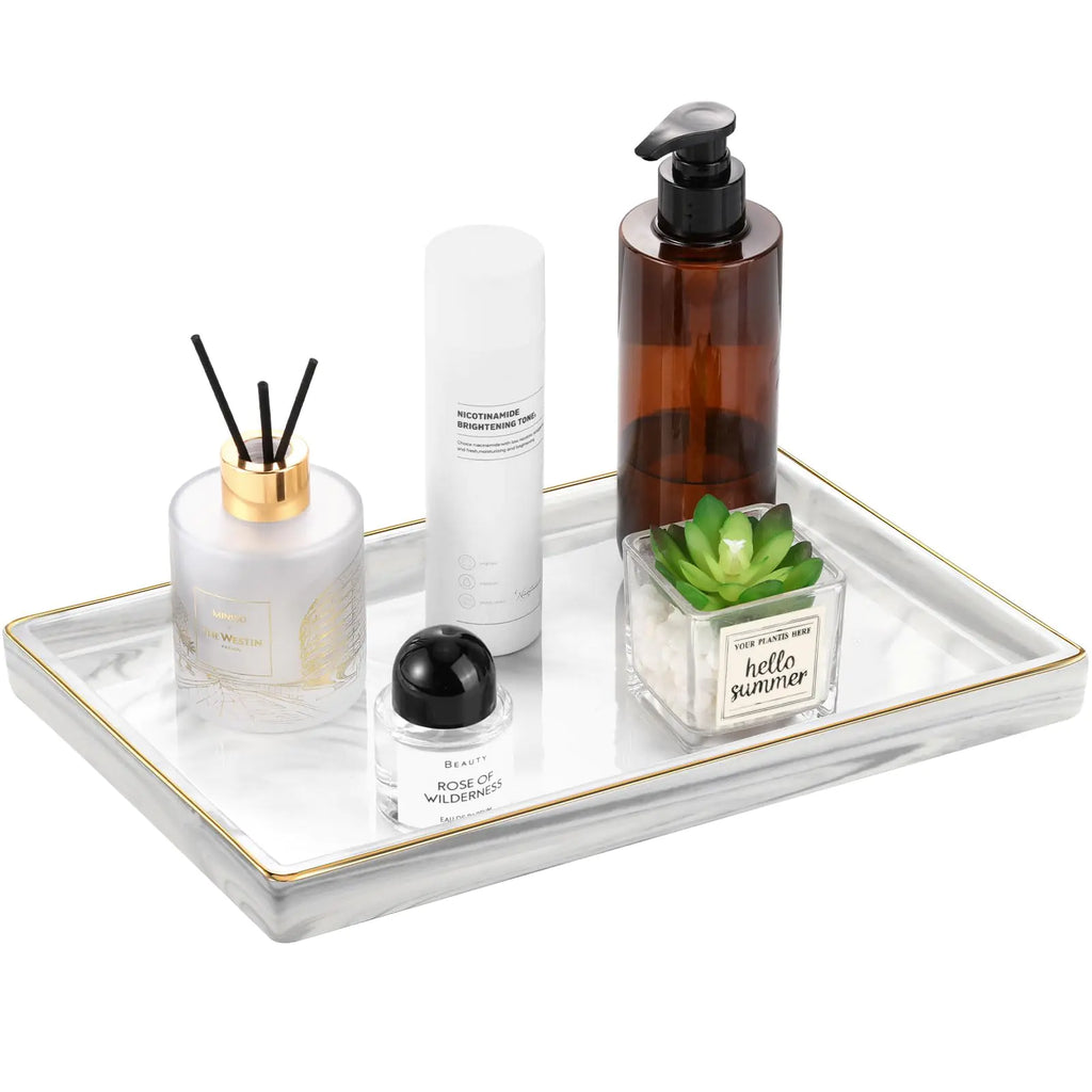 Elegant Ceramic Vanity Tray with Gold Rim – Marble Style Organizer for Jewelry, Cosmetics & Home Décor - Luxe Haus Studio