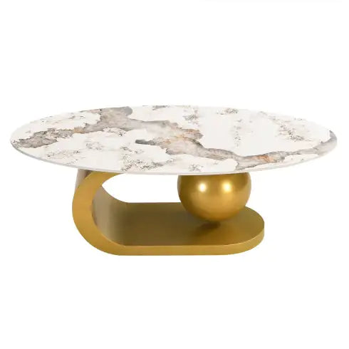 Modern Oval Coffee Table – Marble Pattern Sintered Stone Top with Gold Stainless Steel Base (47.2”) - Luxe Haus Studio
