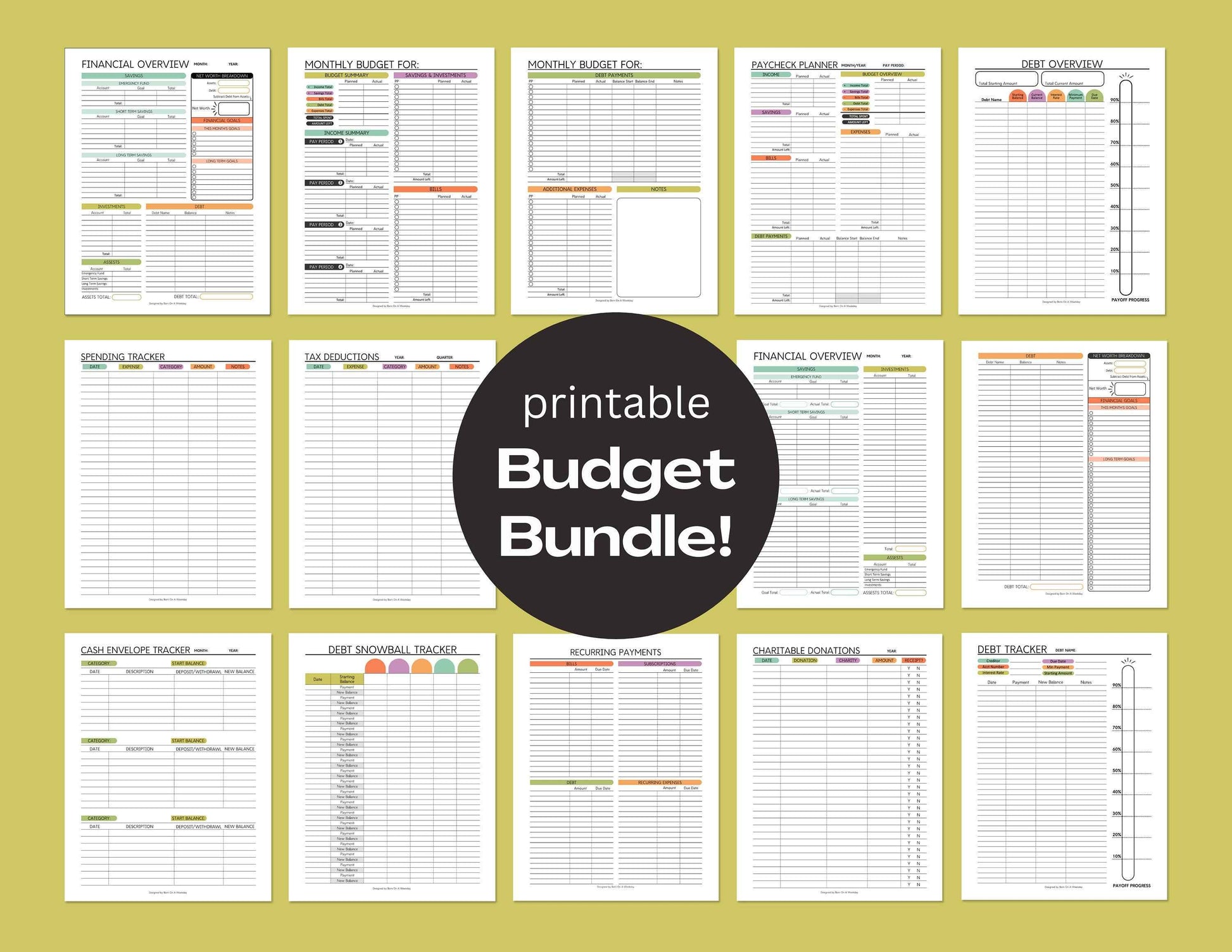 PRINTABLE Finance Planner, Budget Bundle, Debt Payoff Bundle, Savings Tracker, Spending Expense Tracker, Budget Templates, Colorful Modern