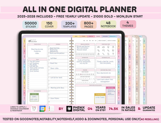 All-In-One Digital Planner 2025, 2026, 2027, Digital Planner, Digital Journal, Digital Goodnotes Template, Weekly, Daily Planner, Notability