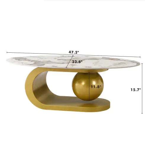 Modern Oval Coffee Table – Marble Pattern Sintered Stone Top with Gold Stainless Steel Base (47.2”) - Luxe Haus Studio