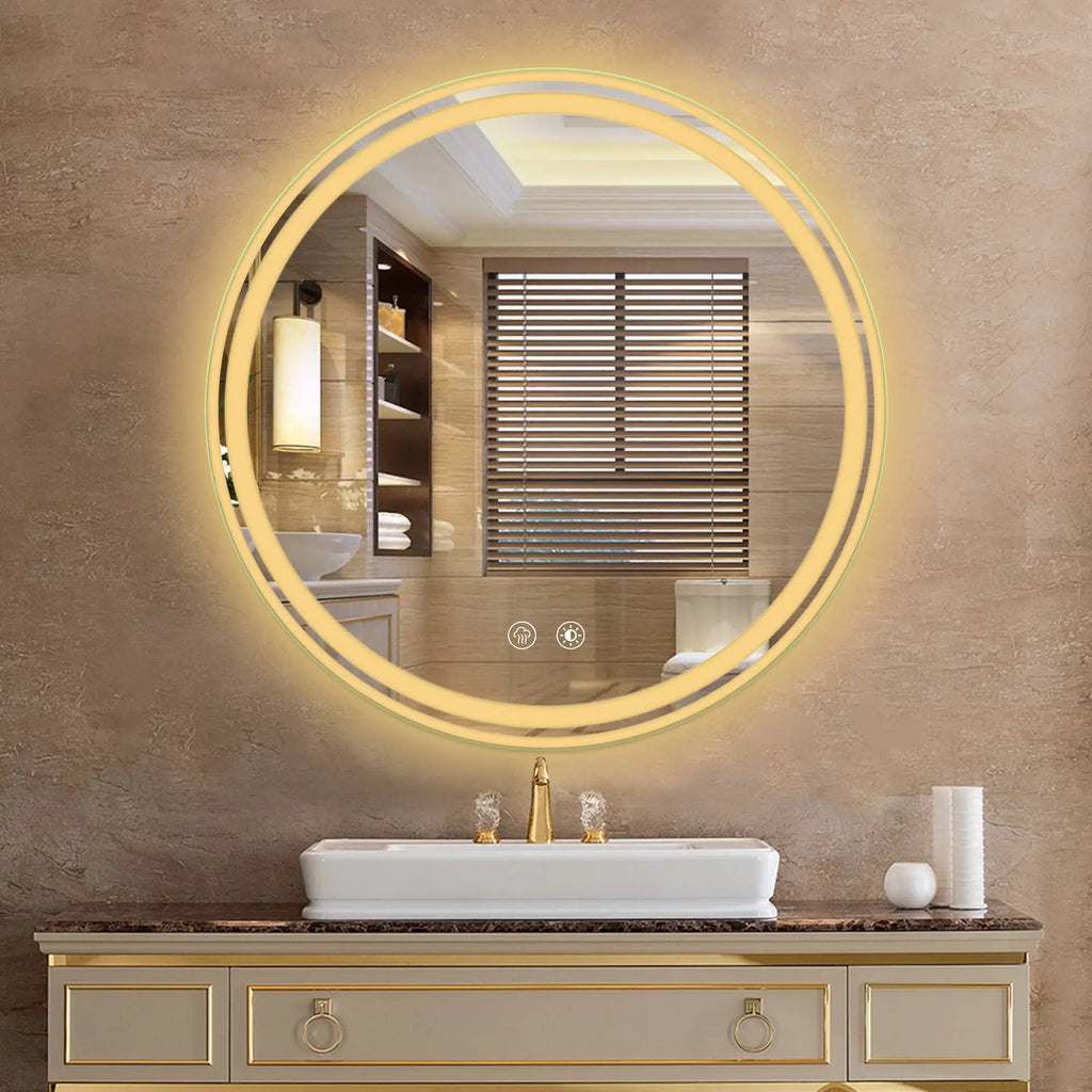 24” Round LED Bathroom Mirror – Dimmable Anti-Fog Vanity Mirror with 3-Color Lighting
