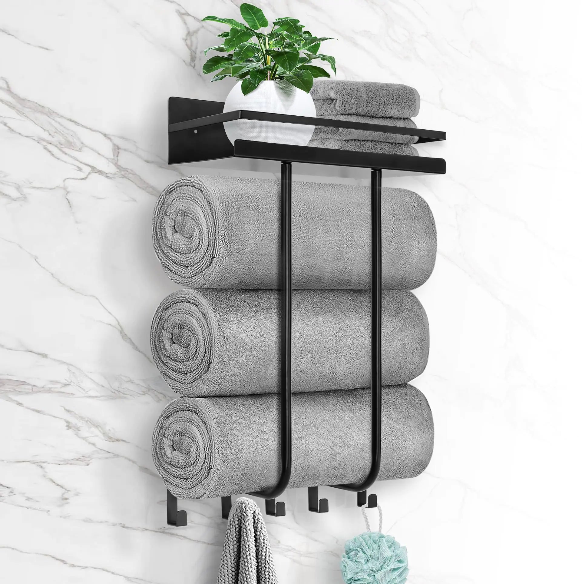 Wall Mounted Towel Rack with Shelf & 5 Hooks – Space-Saving Bathroom Storage Organizer