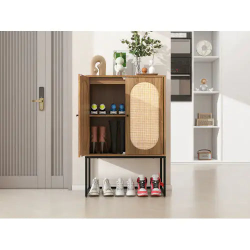 Natural Rattan 2-Door High Cabinet – Walnut Freestanding Storage with Adjustable Shelf - Luxe Haus Studio