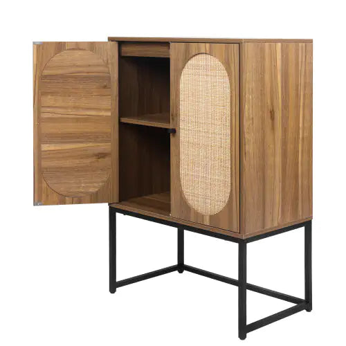 Natural Rattan 2-Door High Cabinet – Walnut Freestanding Storage with Adjustable Shelf - Luxe Haus Studio