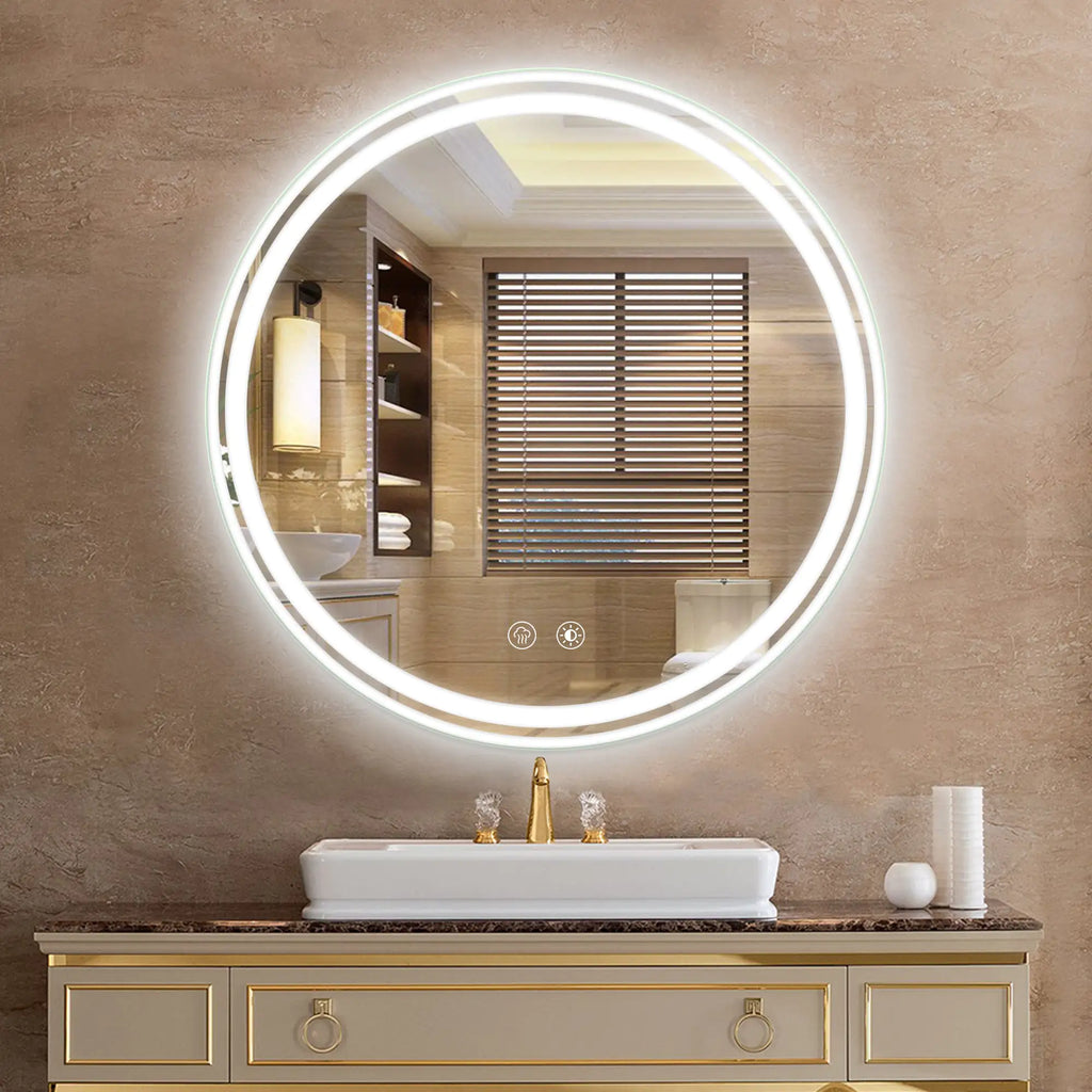 24” Round LED Bathroom Mirror – Dimmable Anti-Fog Vanity Mirror with 3-Color Lighting