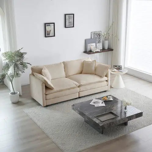 Modern Beige Chenille Loveseat Sofa – Deep Seat 2-Seater Couch with 4 Pillows